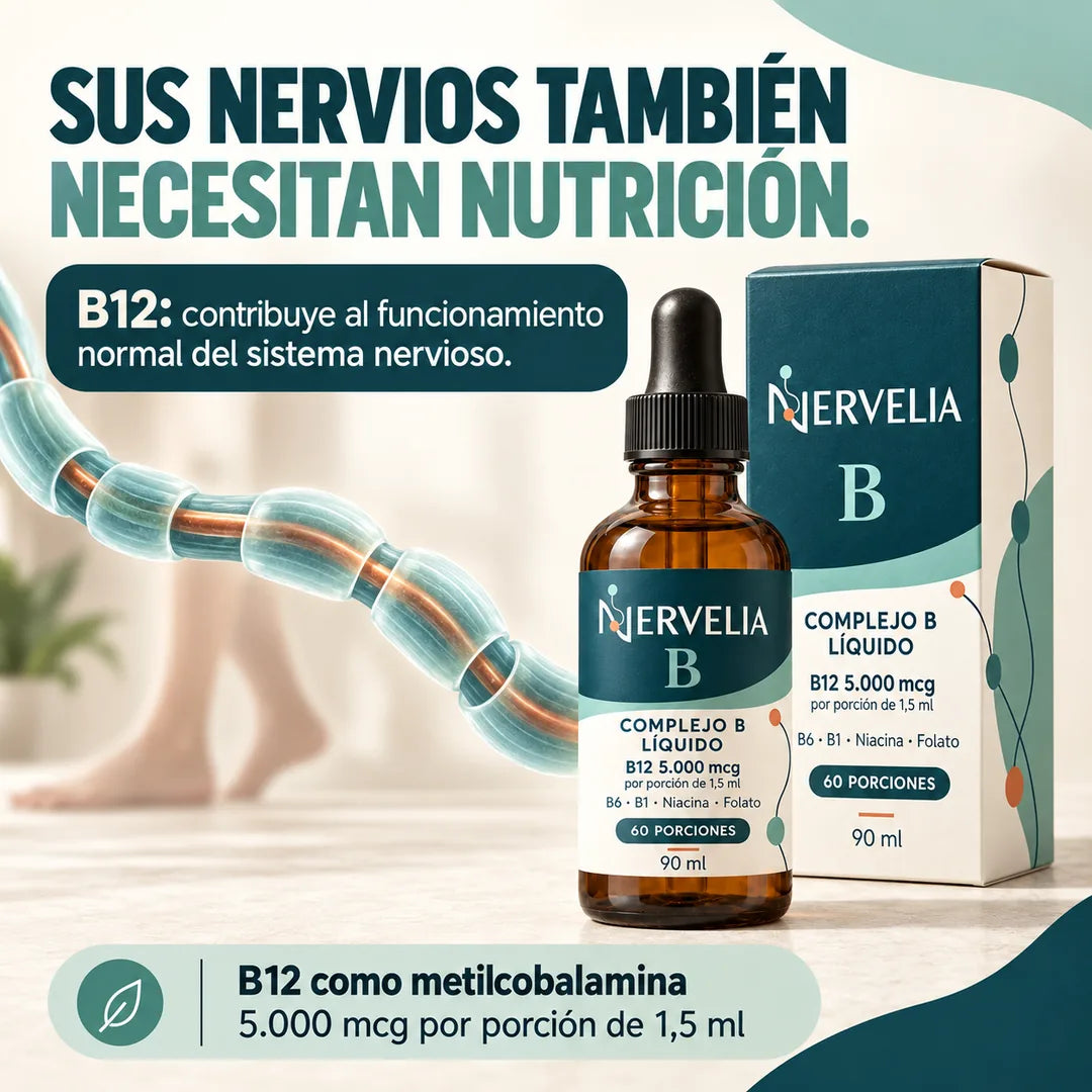 Que cuidarse sea parte de su día. Imagen ilustrativa de un hombre mayor sosteniendo Nervelia B. Nutrición, rutina diaria y 60 porciones en formato líquido de 90 ml.