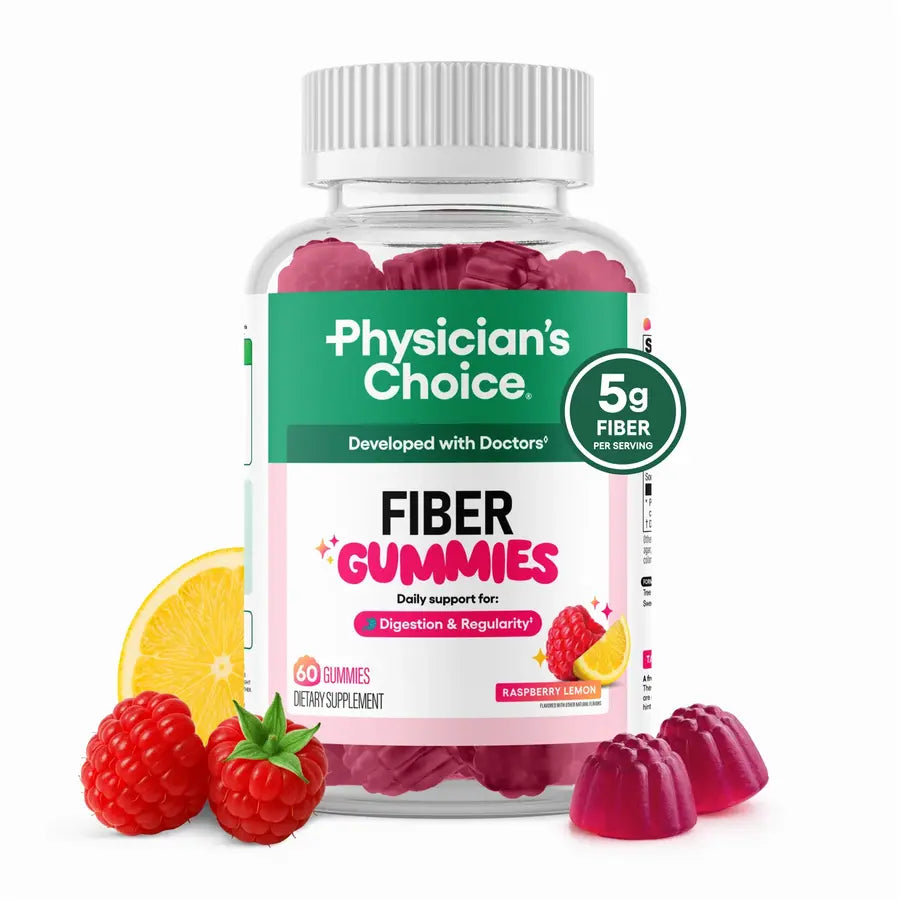 Frasco de Fiber Gummies de Physician's Choice con frambuesas y limón