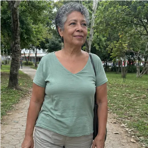 Mujer colombiana caminando en un parque