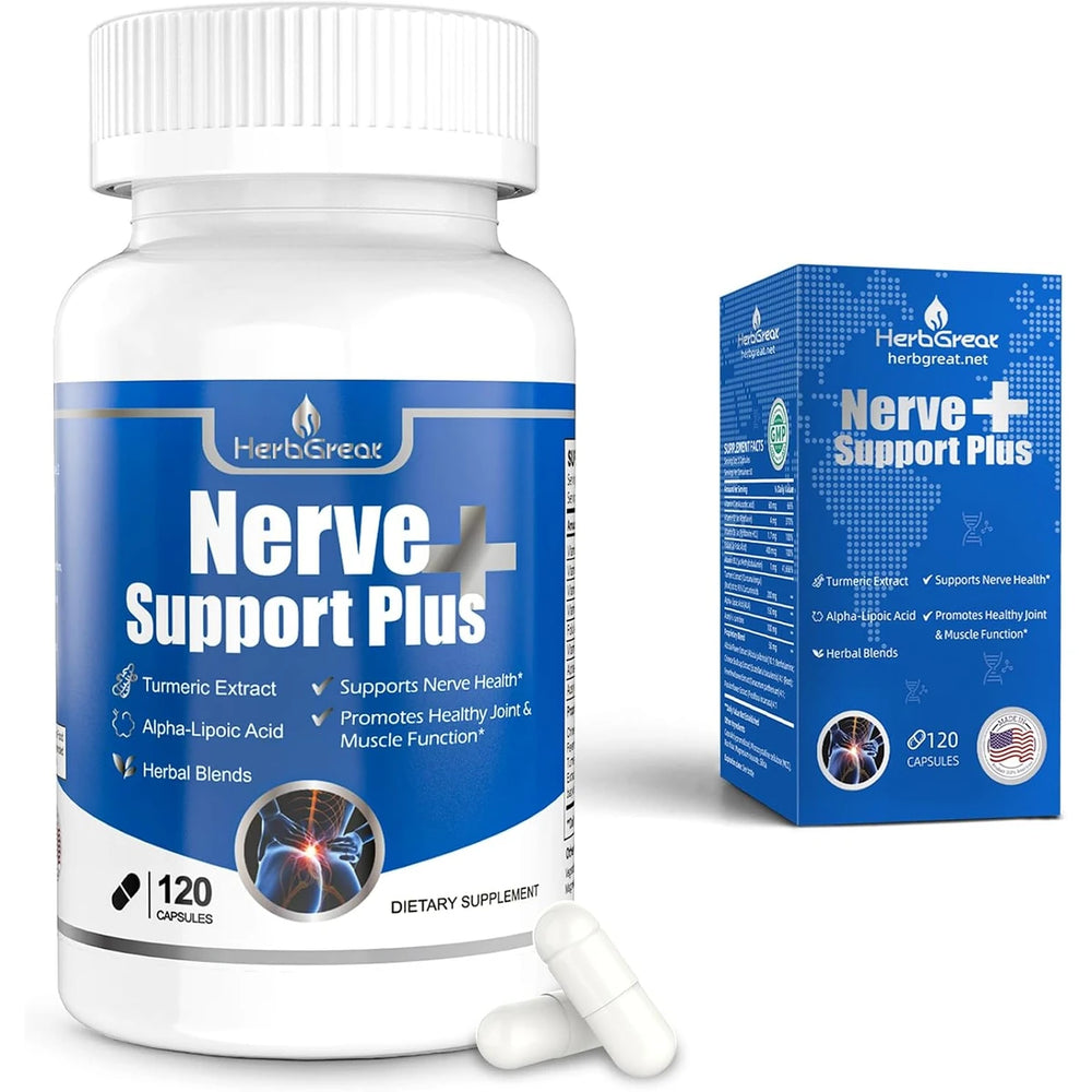 HerbGreat Nerve Support Plus, frasco y caja de 120 cápsulas