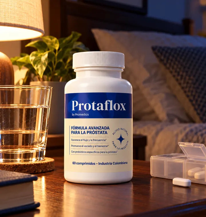 ProtafloX en mesa de noche junto a un vaso de agua