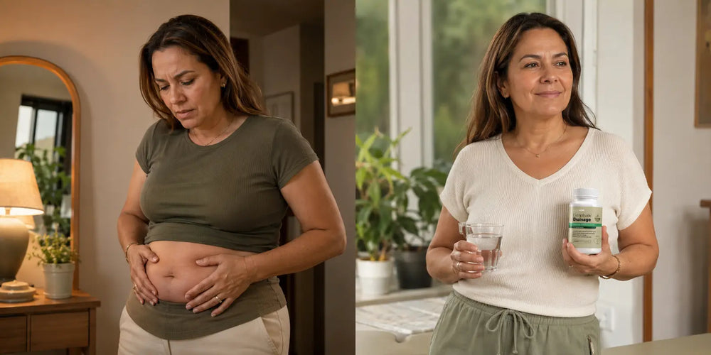 La misma mujer por la tarde con incomodidad abdominal y después en una rutina matutina con agua y el producto