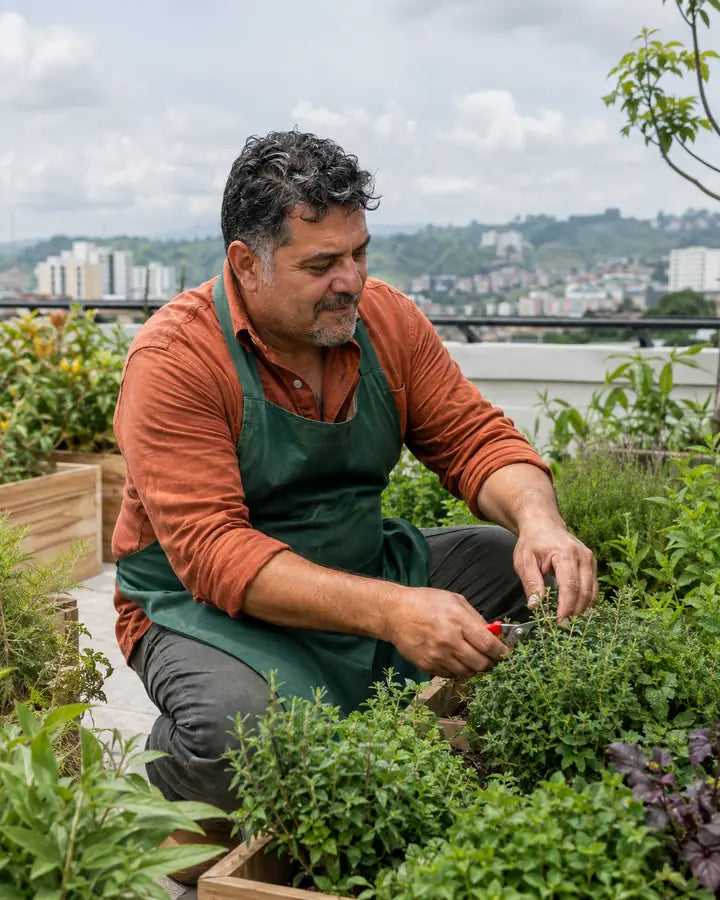 Hombre colombiano cuidando plantas en una terraza