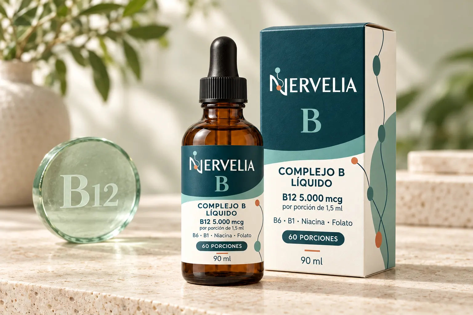 Presentación ilustrativa de Nervelia B líquido de 90 ml, con caja y un elemento que identifica la vitamina B12.