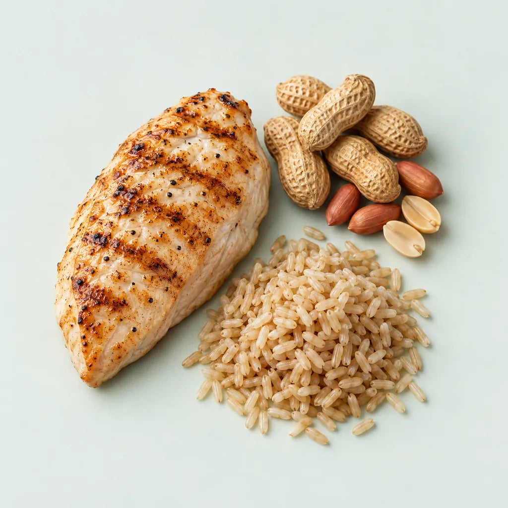 Pollo, maní y arroz integral, como ejemplos de alimentos que aportan vitamina B3.