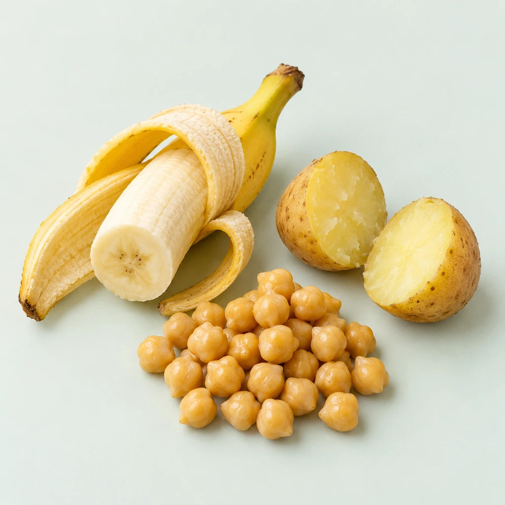 Banano, papa y garbanzos, como ejemplos de fuentes alimentarias de vitamina B6.