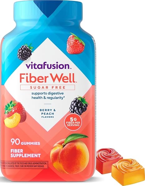 Vitafusion Fiber Well Suplemento de fibra sin azúcar, suplementos con sabor a melocotón, fresa y mora, 90 unidades