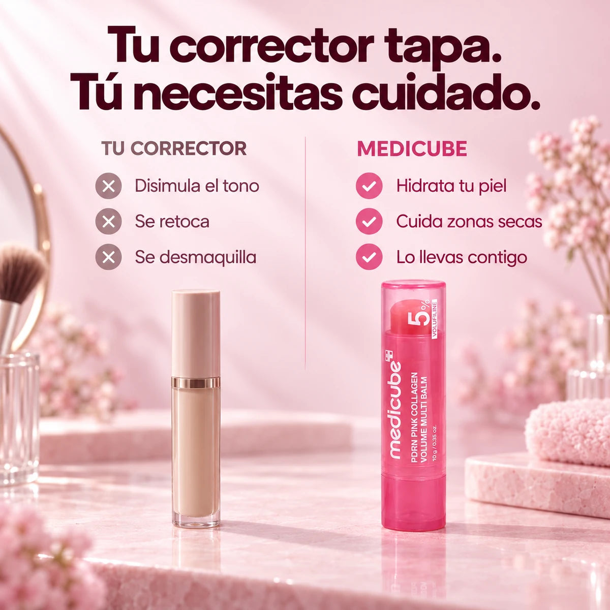 Comparación visual del corrector y el cuidado del bálsamo.
