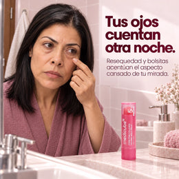 Mujer observando su contorno frente al espejo, con el bálsamo sobre la encimera.