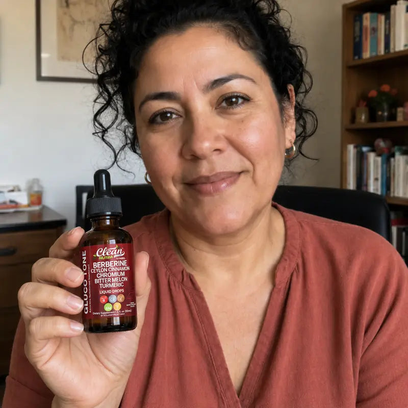 Paola mostrando el frasco Glucora en su oficina en casa