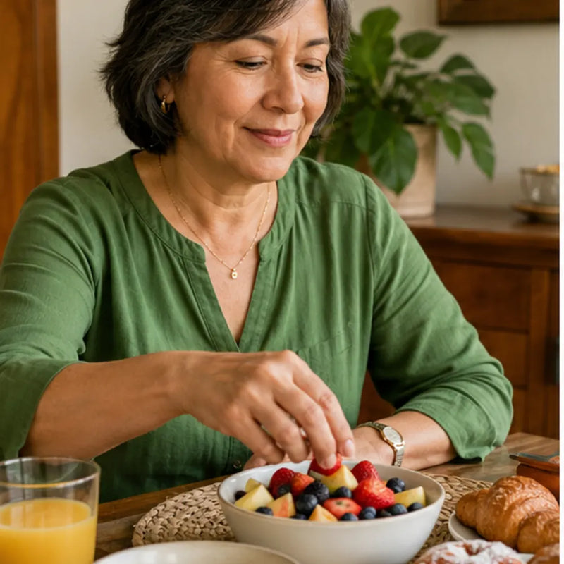 Mujer colombiana desayunando fruta