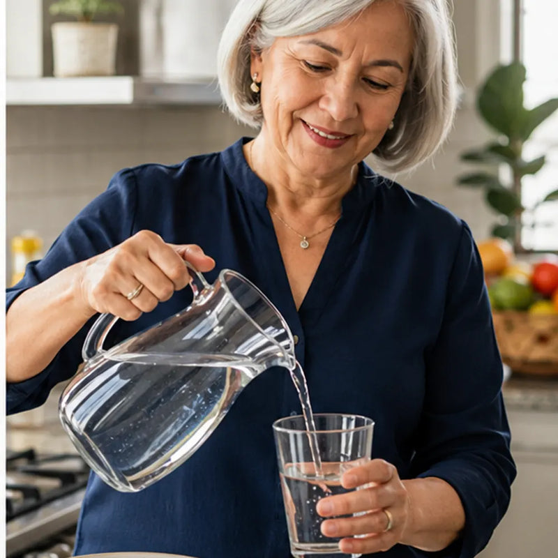 Mujer colombiana sirviendo agua antes de comer