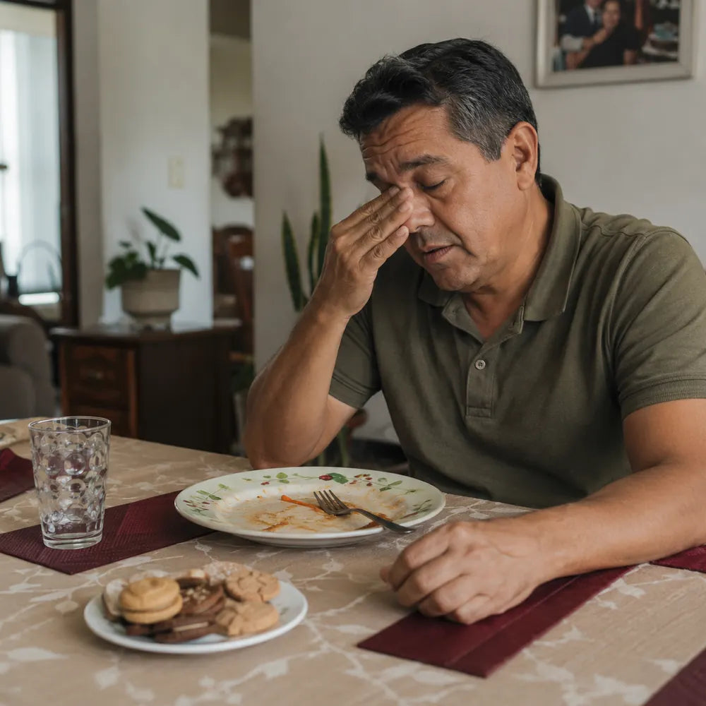 Hombre colombiano con cansancio después de comer