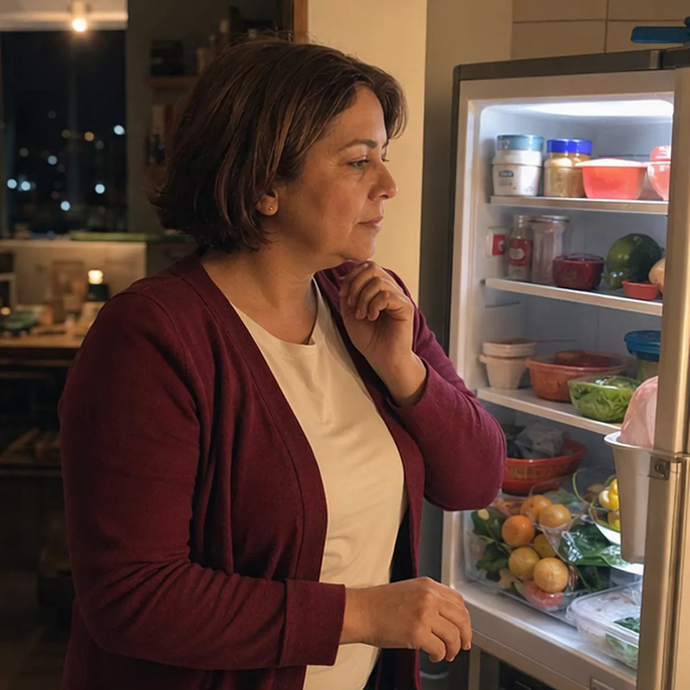 Mujer frente a la nevera durante un antojo nocturno