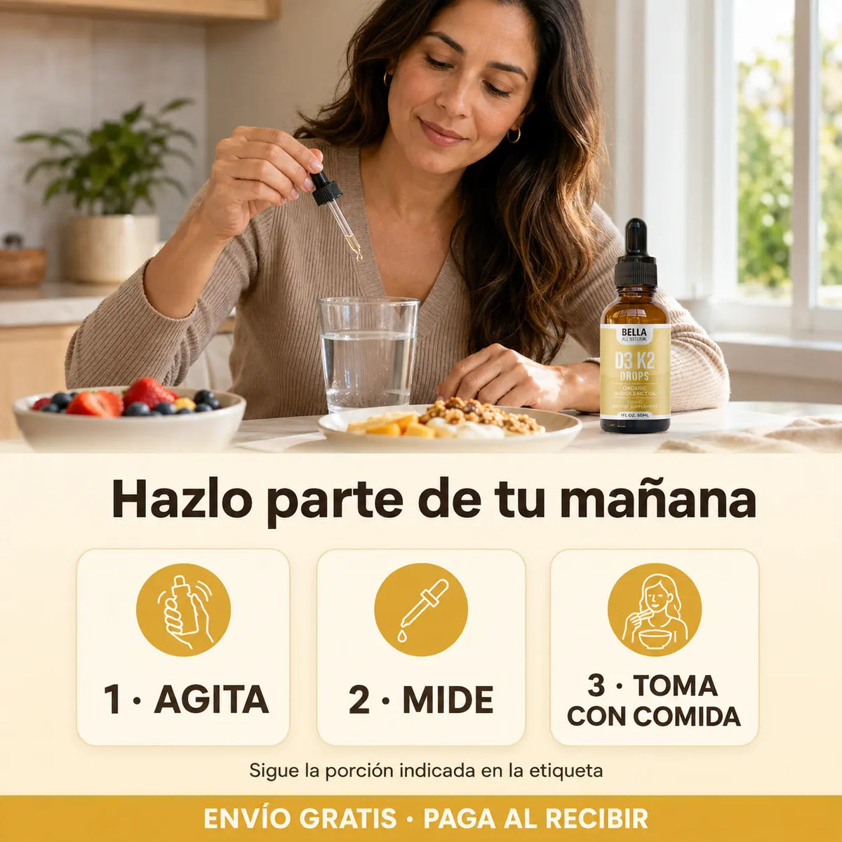 Mujer colombiana incorporando D3 K2 Drops a su desayuno