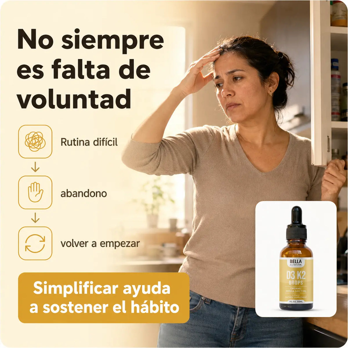 Mujer colombiana frente a una rutina difícil y el frasco D3 K2 Drops
