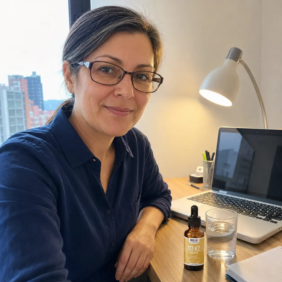 Mujer colombiana con D3 K2 Drops en su escritorio