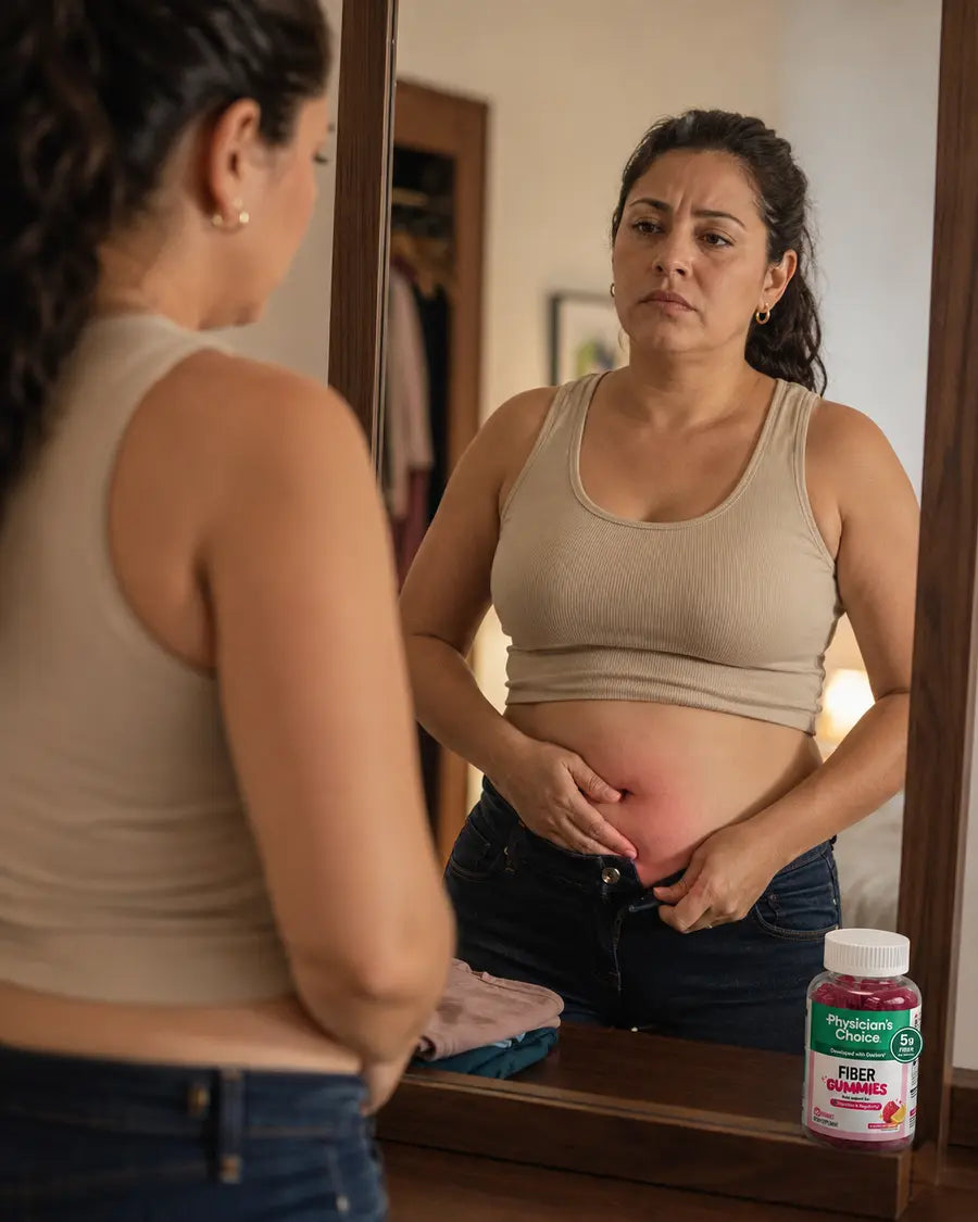 Mujer intentando cerrar un pantalón por inflamación abdominal temporal