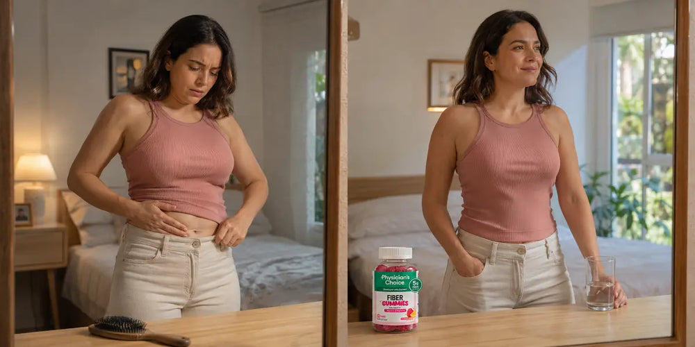Comparación ilustrativa entre abdomen temporalmente inflamado y una postura más cómoda
