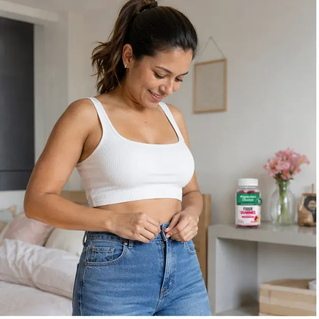 Mujer colombiana abrochando cómodamente sus jeans