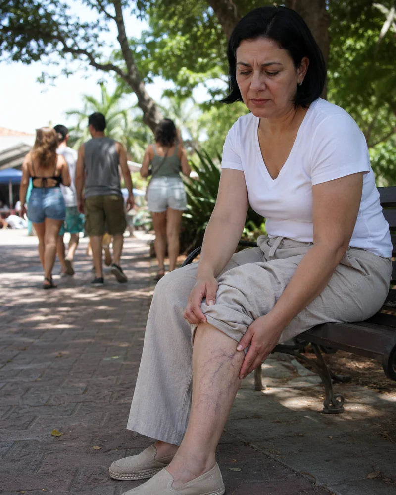 Mujer cubriendo sus piernas durante un paseo caluroso