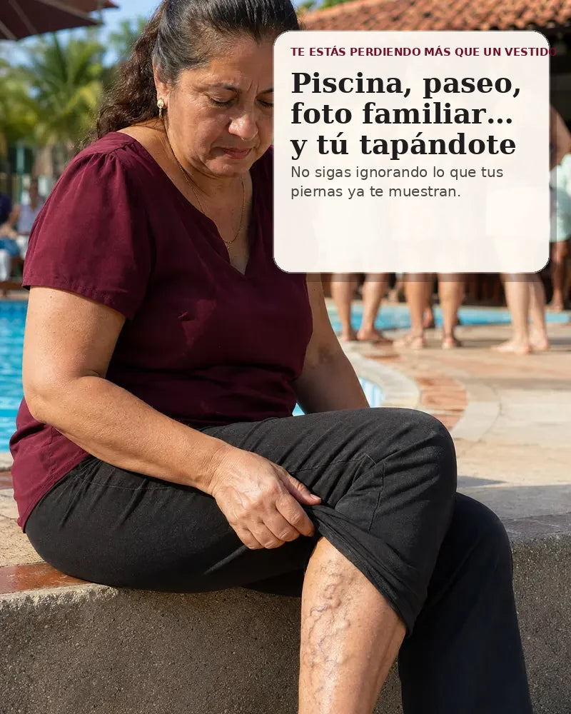 Mujer junto a una piscina mostrando claramente su pierna con várices