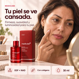 Frasco y caja rojos sobre una superficie de estudio clara.