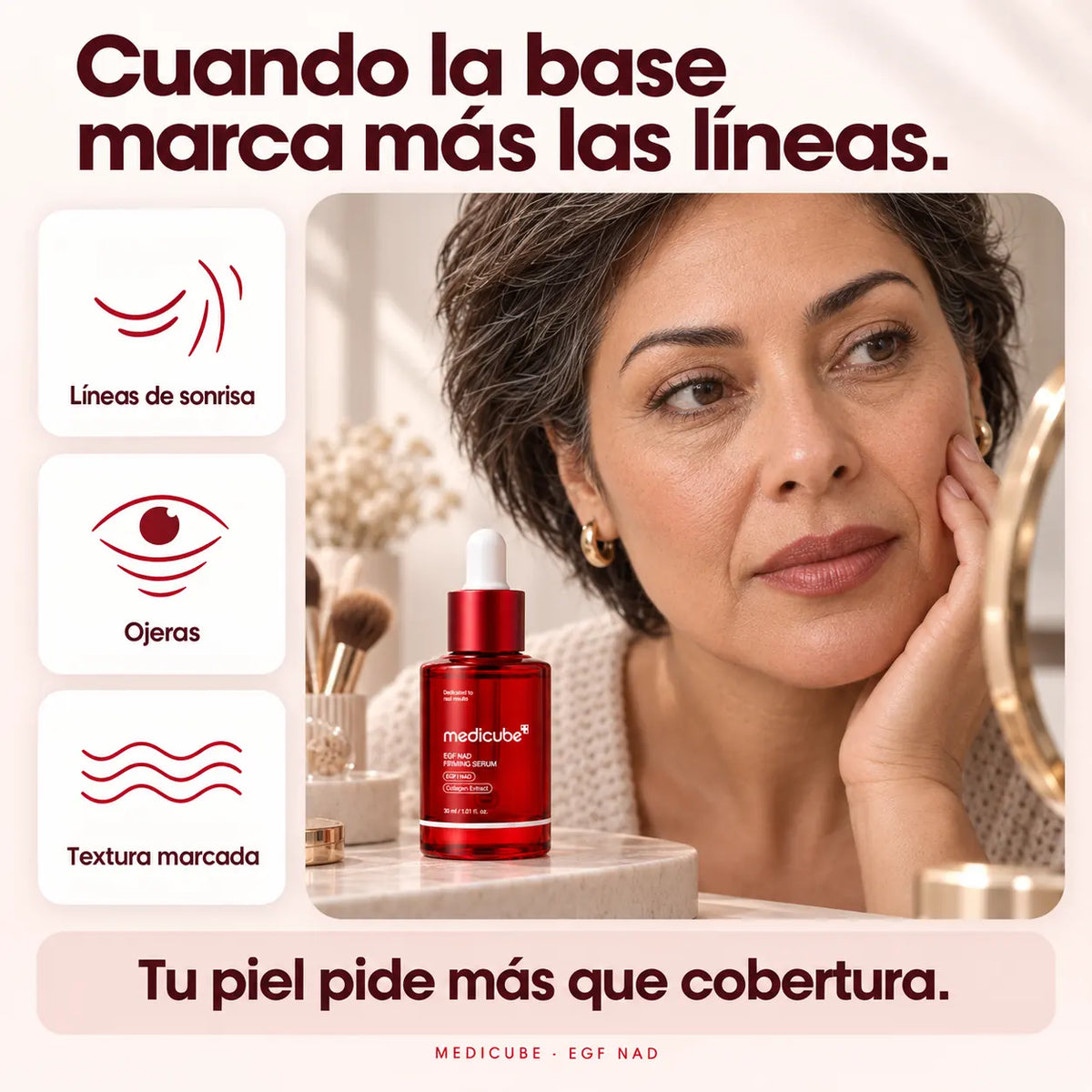 Diagrama de resequedad, textura marcada y retoques, junto al sérum.