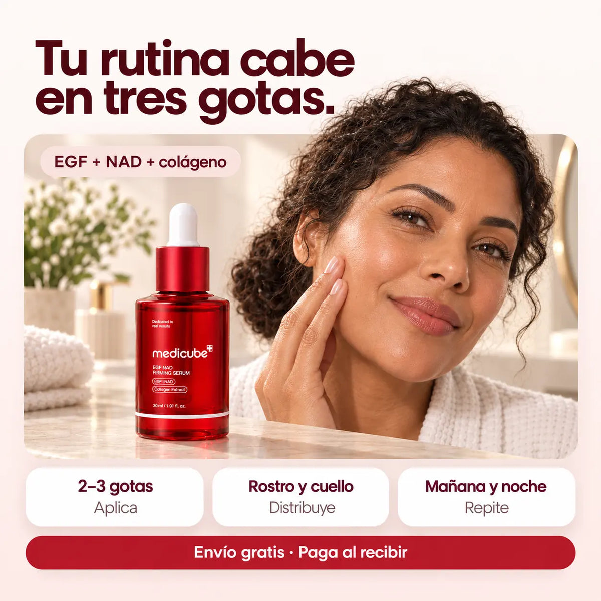 Mujer frente a su tocador y tres pasos de uso del sérum.