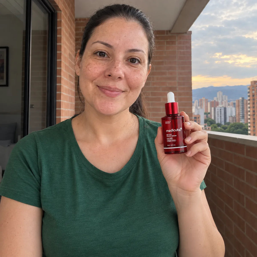 Mujer de cabello recogido sosteniendo el sérum frente a la cámara en un balcón urbano.