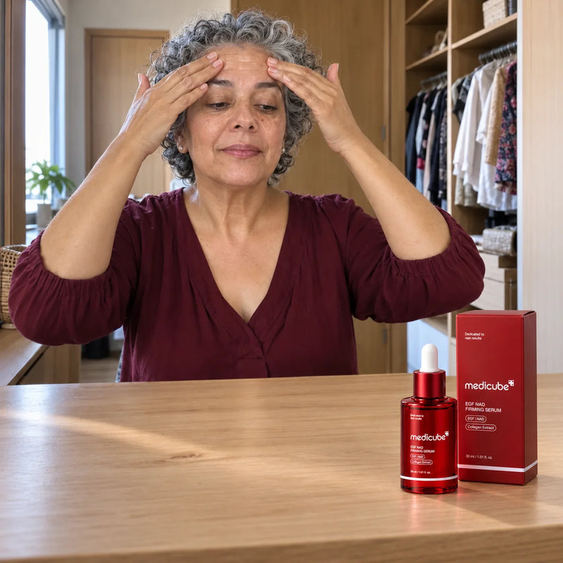 Mujer de cabello plateado tocando su frente; frasco y caja de Medicube sobre la mesa de madera.