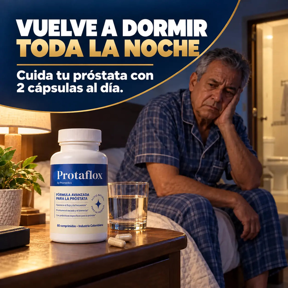 ProtafloX y hombre preocupado al despertarse durante la noche