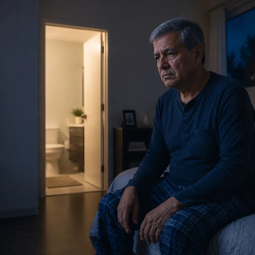 Hombre despierto de noche cerca del baño