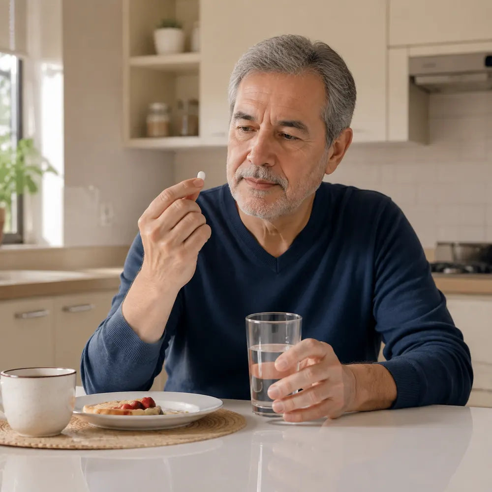 Hombre tomando un comprimido con agua durante el desayuno