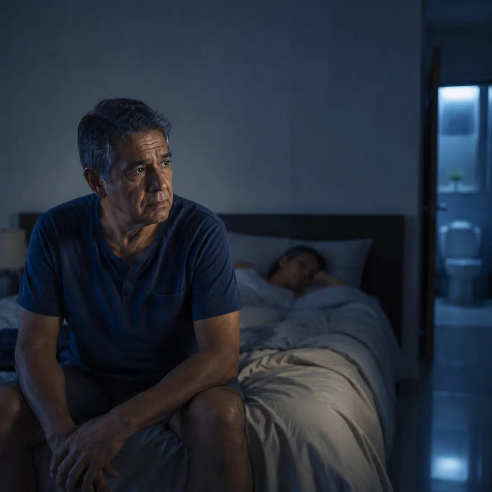 Hombre despierto y cansado durante la noche
