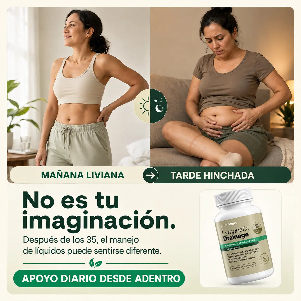 Comparación visual entre sensación ligera en la mañana e hinchazón por la tarde