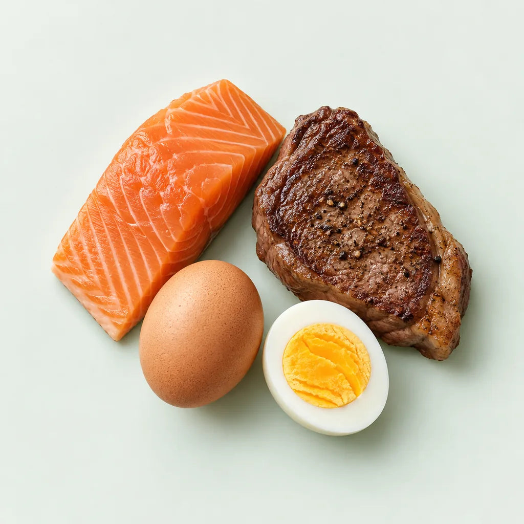 Salmón, carne y huevos, mostrados como ejemplos de alimentos que contienen B12.