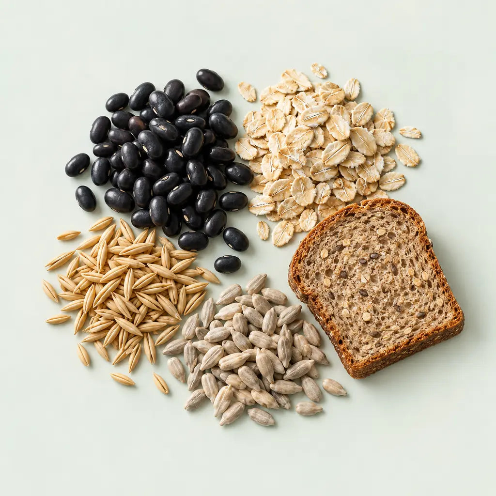 Fríjoles, avena, semillas de girasol y pan integral, como fuentes alimentarias de vitamina B1.