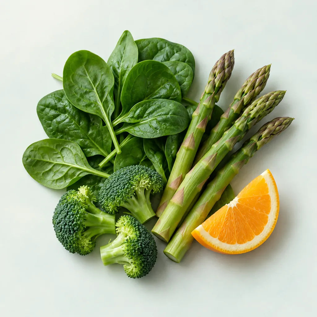 Espinaca, espárragos, brócoli y naranja, como ejemplos de alimentos con folato.