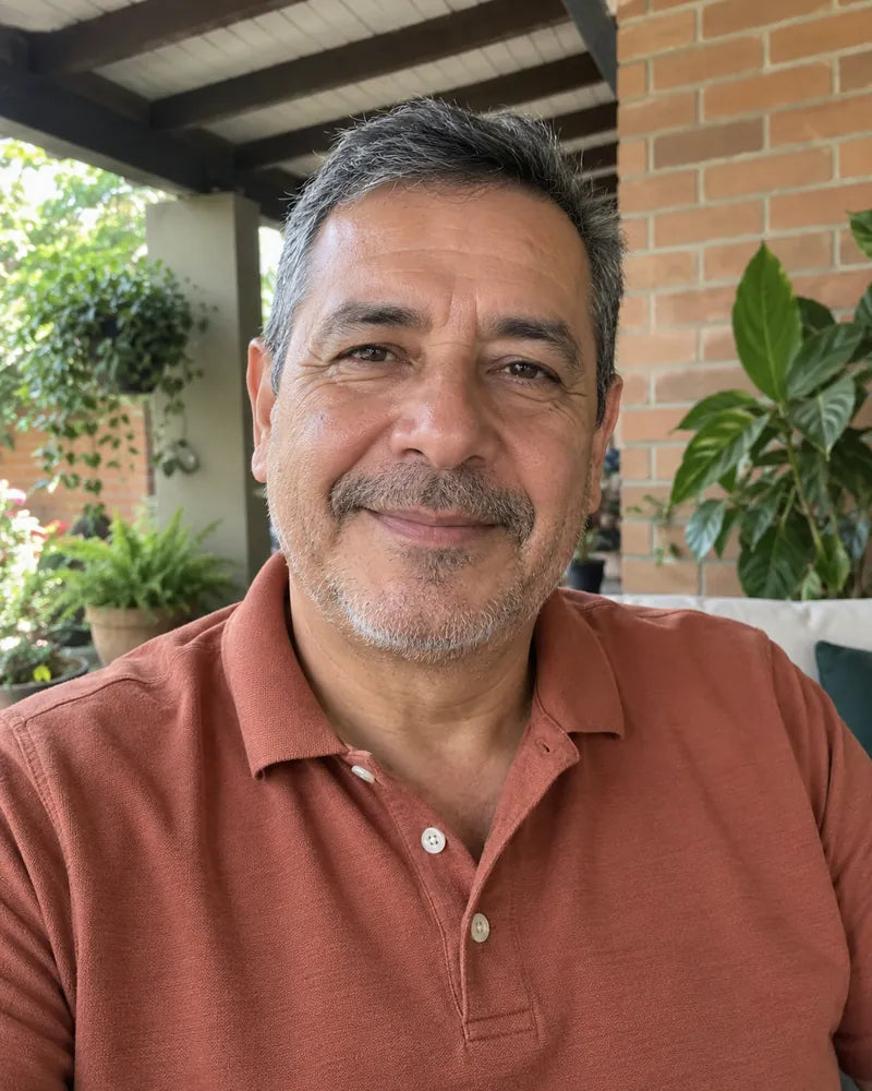 Retrato ilustrativo de un hombre adulto en un patio.